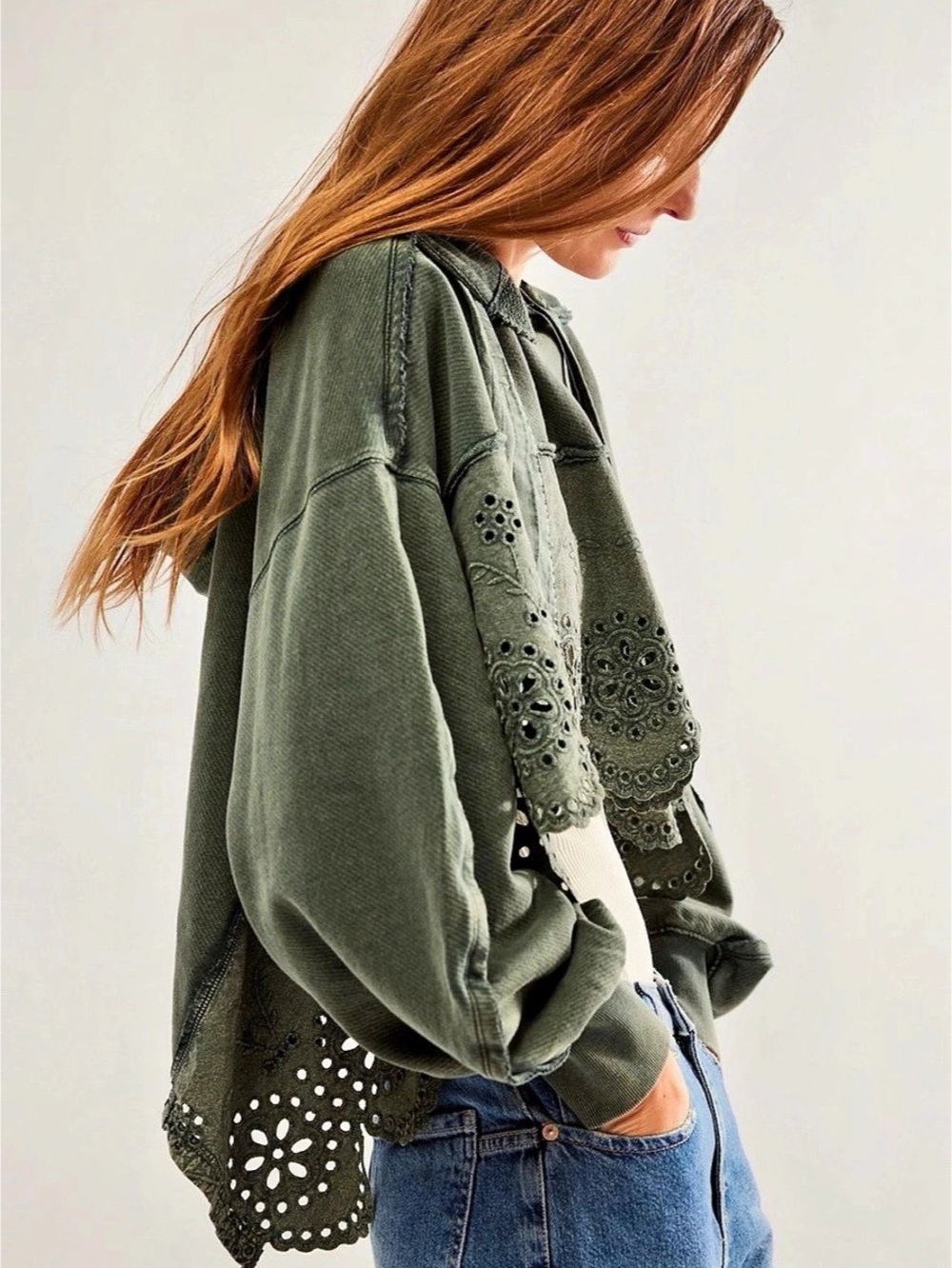 Free People Iris Embroidered Sweatshirt Olive - Picture 3 of 7